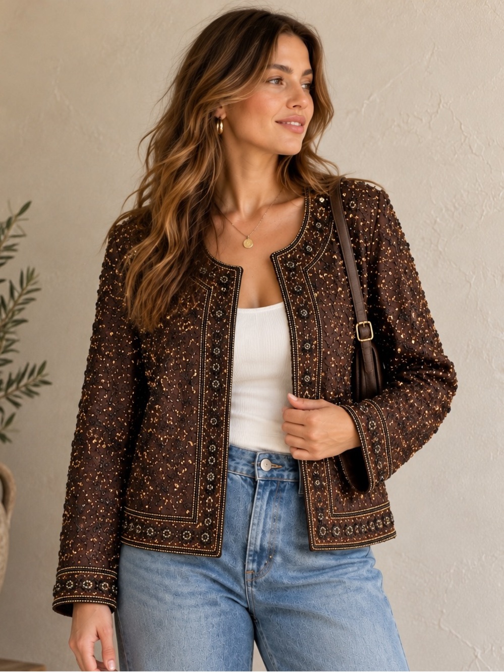 Vintage Laurence Kazar Silk Beaded Sequin Jacket Brown Art To Wear Statement L